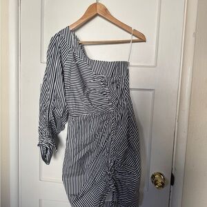 Parker Navy and White Ruched Dress One Shoulder